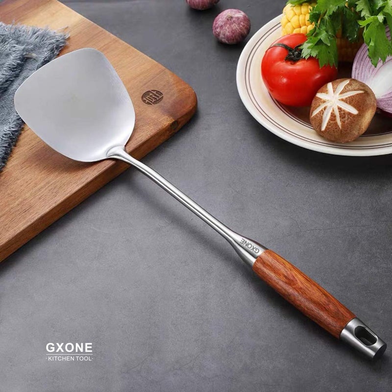 GXONE Chinese Wok Spatula, 304 Stainless Steel Spatula with Heat Resistant Wooden Handle Wok Utensils,Silver/15.7Inch - Image 5